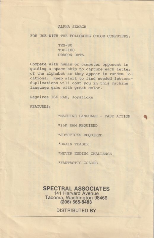 Back Cover for Alpha Search (TRS-80 CoCo)