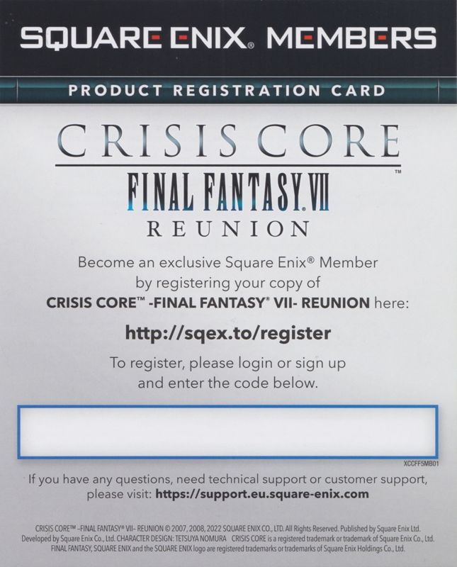 Extras for Crisis Core: Final Fantasy VII - Reunion (PlayStation 5): Square Enix Registration Flyer - Front