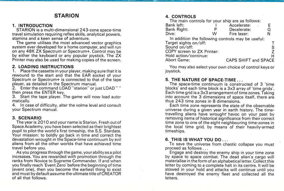 Inside Cover for Starion (ZX Spectrum): Manual on the backside of the inlay