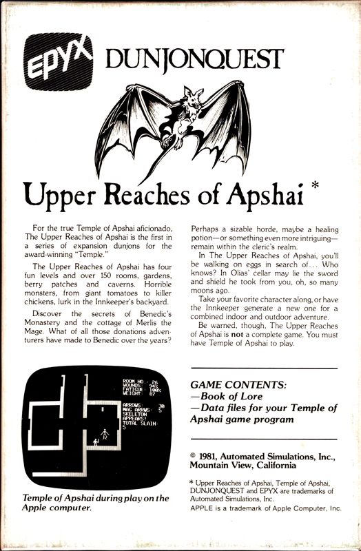 Back Cover for Dunjonquest: Upper Reaches of Apshai (Apple II and TRS-80)