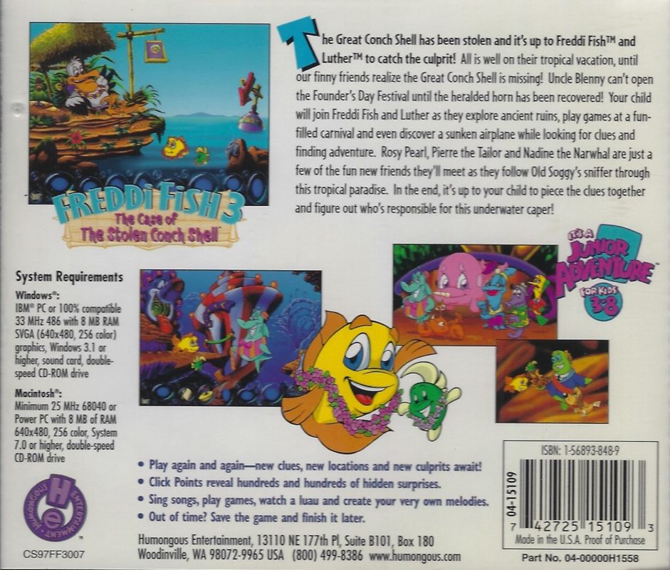 Other for Freddi Fish 3: The Case of the Stolen Conch Shell (Macintosh and Windows and Windows 3.x): Back of jewel case