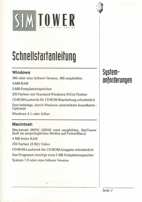 Reference Card for SimTower: The Vertical Empire (Windows 3.x) (Complete German CD-ROM release)