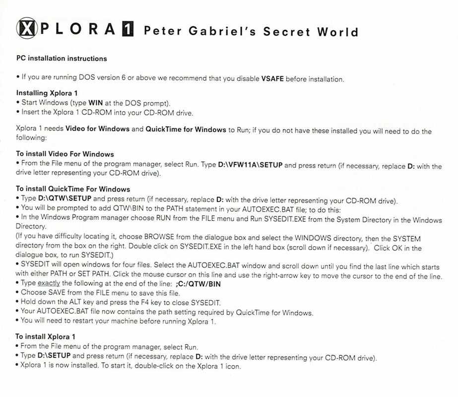 Extras for Xplora 1: Peter Gabriel's Secret World (Windows 16-bit): Install Instructions - Front