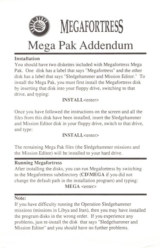 Other for Megafortress Mega Pak (DOS): Addendum