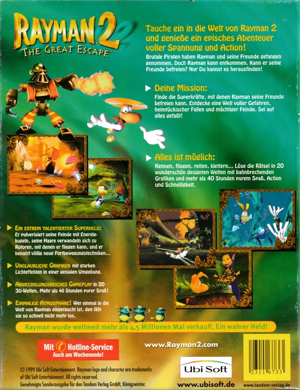 Back Cover for Rayman 2: The Great Escape (Windows) (Tandem Verlag release)