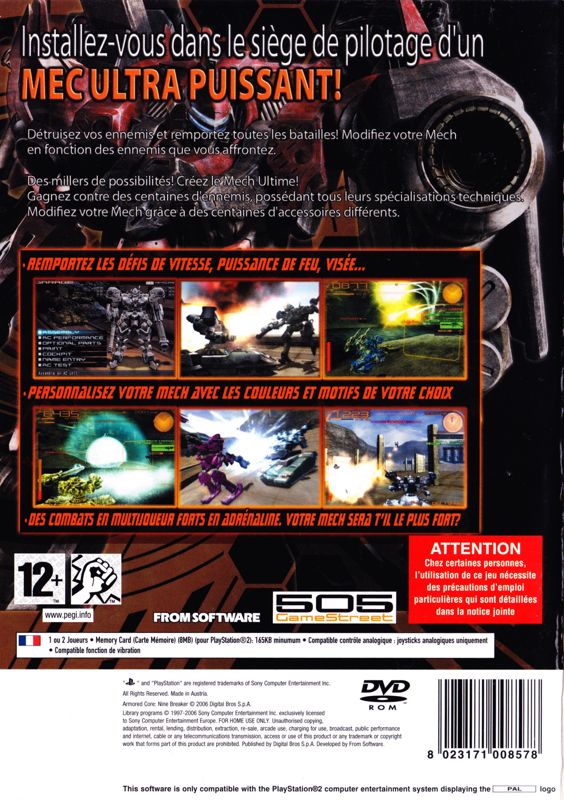Back Cover for Armored Core: Nine Breaker (PlayStation 2)