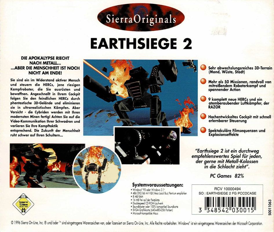 Other for EarthSiege 2 (Windows and Windows 3.x) (Sierra Originals release): Jewel Case - Back