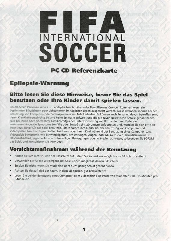 Reference Card for FIFA International Soccer (DOS) (CD-ROM Edition release): Front