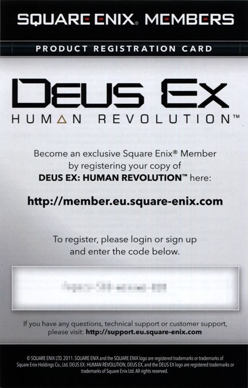 Extras for Deus Ex: Human Revolution: Limited Edition (Windows): Registration Card - Front