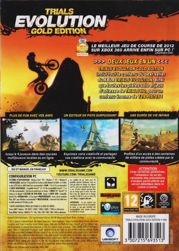 Back Cover for Trials Evolution: Gold Edition (Windows)