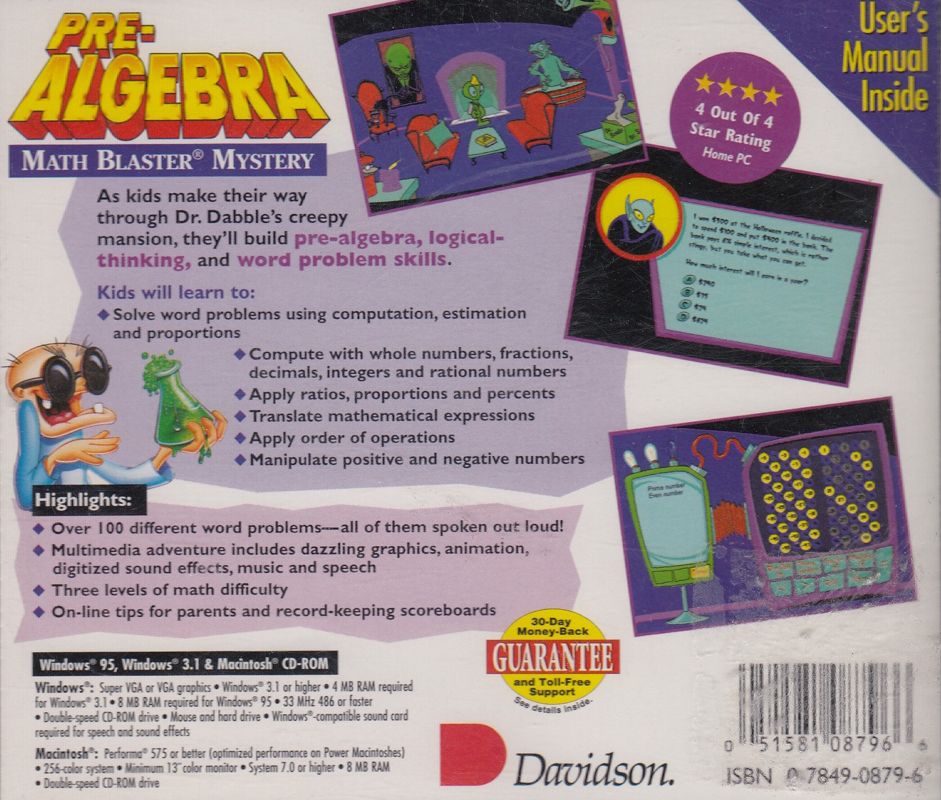 Back Cover for Math Blaster Mystery: The Great Brain Robbery (Macintosh and Windows 3.x)