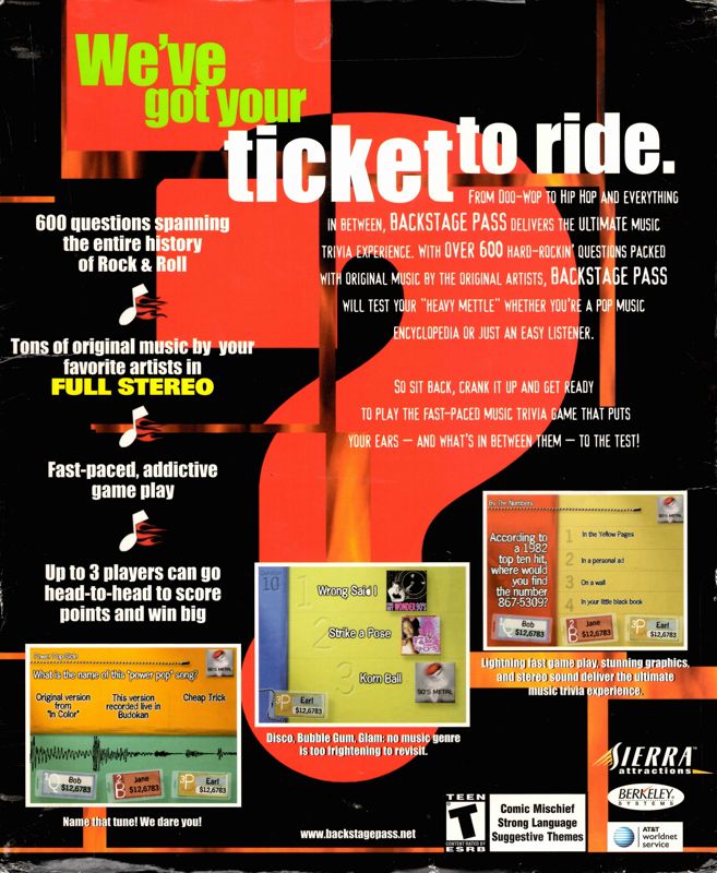 Back Cover for Backstage Pass: The Ultimate Rock & Roll Trivia Game (Windows)