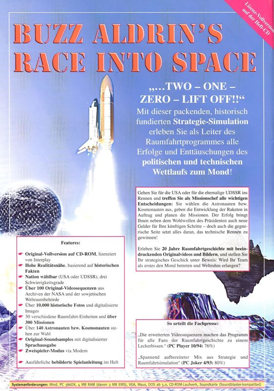 Back Cover for Buzz Aldrin's Race into Space (DOS) (Covermount BestSeller Games Collection #15)
