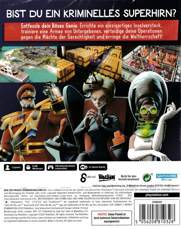 Back Cover for Evil Genius 2: World Domination (PlayStation 5)