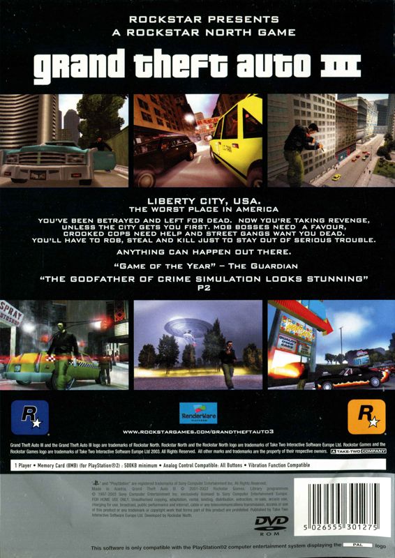 Back Cover for Grand Theft Auto III (PlayStation 2) (Platinum release)