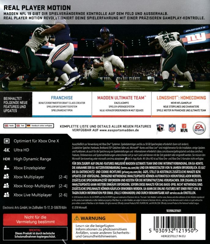 Back Cover for Madden NFL 19 (Xbox One)