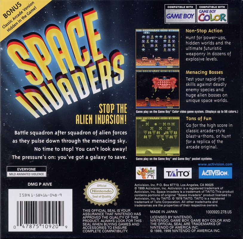 Back Cover for Space Invaders (Game Boy Color)