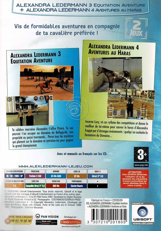 Back Cover for Alexandra Ledermann 3: Équitation Aventure + Alexandra Ledermann 4: Aventures au Haras (Windows) (Ubisoft eXclusive Collection release)
