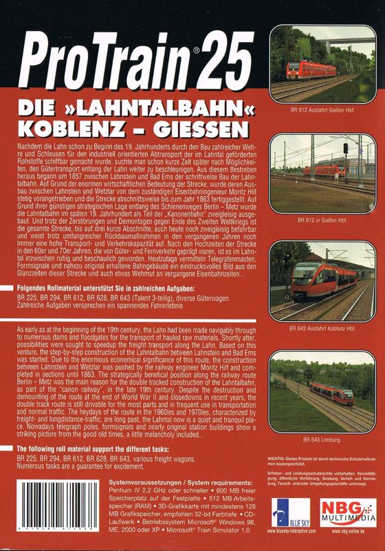 Back Cover for ProTrain 25: Die »Lahntalbahn« Koblenz - Giessen (Windows)