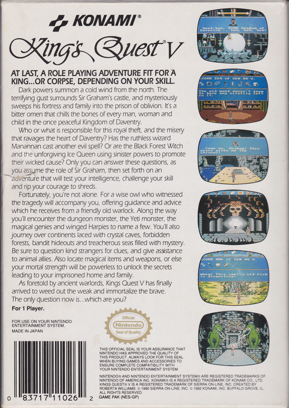 Back Cover for King's Quest V: Absence Makes the Heart Go Yonder! (NES)