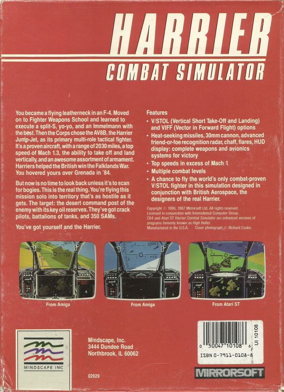 Back Cover for Harrier Combat Simulator (DOS)