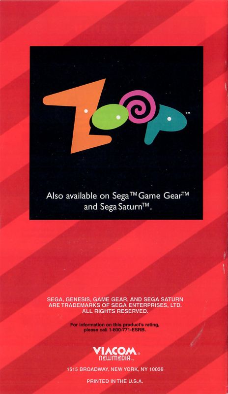 Manual for Zoop (Genesis): Back