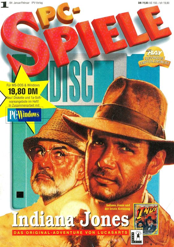 Front Cover for Indiana Jones and the Last Crusade: The Graphic Adventure (DOS) (PC-Spiele Disc Jan/Feb 01/1994)