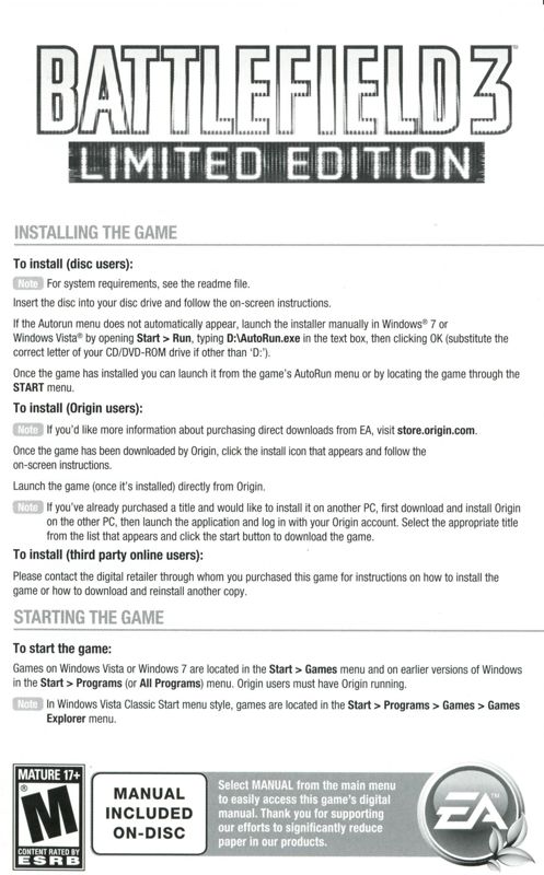 Extras for Battlefield 3: Limited Edition (Windows): Install Guide - Front