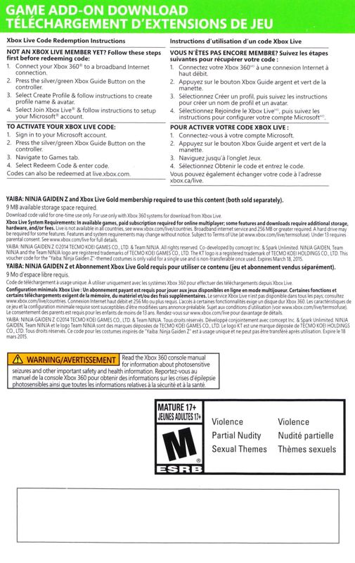 Extras for Yaiba: Ninja Gaiden Z (Xbox 360): Add-On - Code