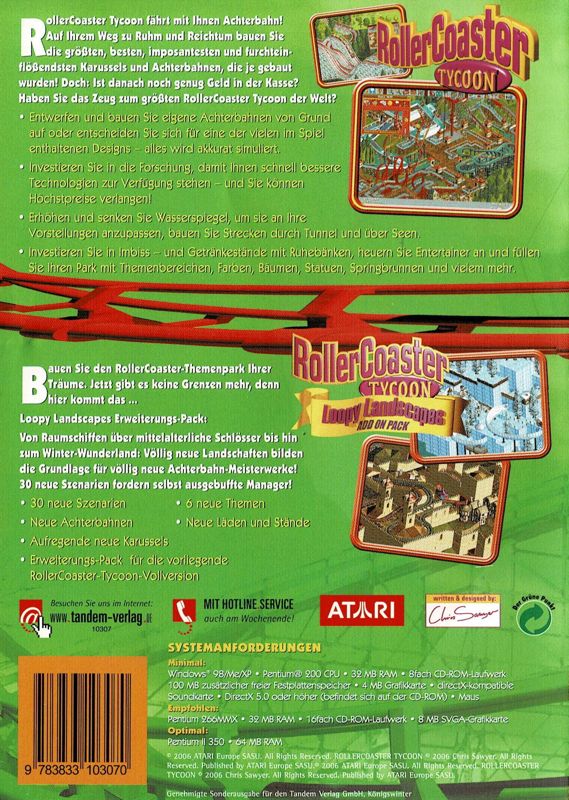 Back Cover for RollerCoaster Tycoon: Gold Edition (Windows) (Tandem Verlag release)
