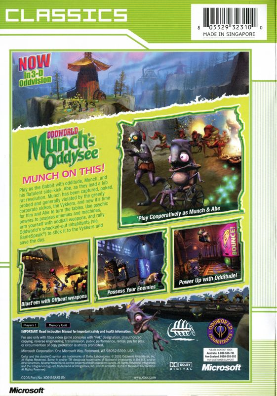 Back Cover for Oddworld: Munch's Oddysee (Xbox) (Xbox Classics release)