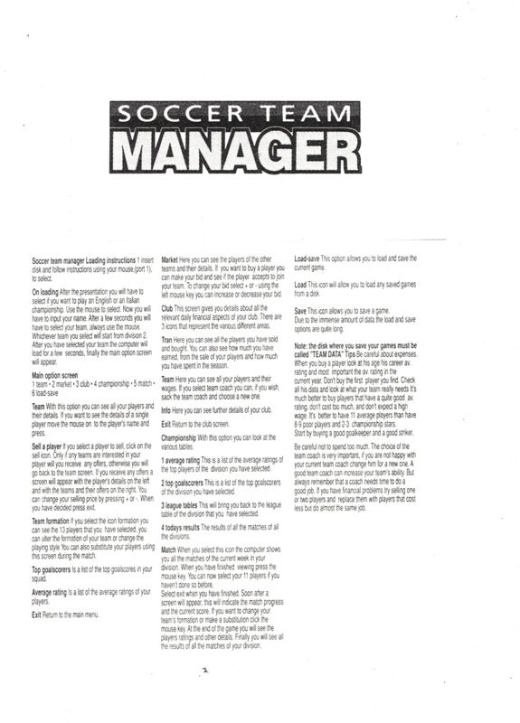 Reference Card for Soccer Team Manager (Amiga)