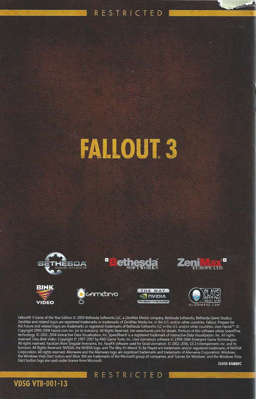 Manual for Fallout 3: Game of the Year Edition (Windows): Back