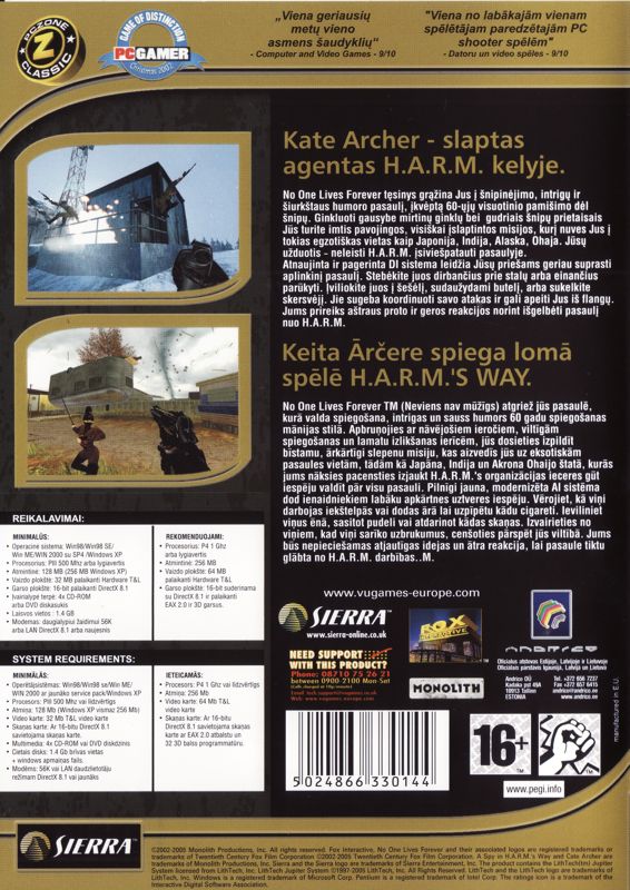 Back Cover for No One Lives Forever 2: A Spy in H.A.R.M.'s Way (Windows) (BestSeller Series release)