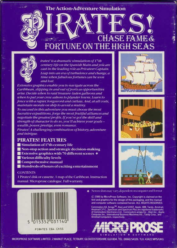 Back Cover for Sid Meier's Pirates! (Commodore 64) (Alternative cassette release)