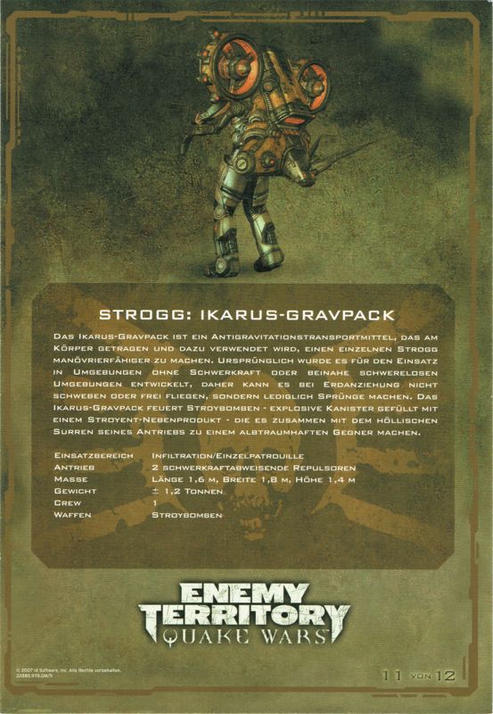 Extras for Enemy Territory: Quake Wars (Limited Collector's Edition) (Windows): Card 11/12: (Strogg) Icarus Hover Pack - Back
