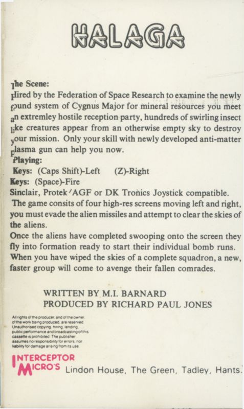 Inside Cover for Halaga (ZX Spectrum)