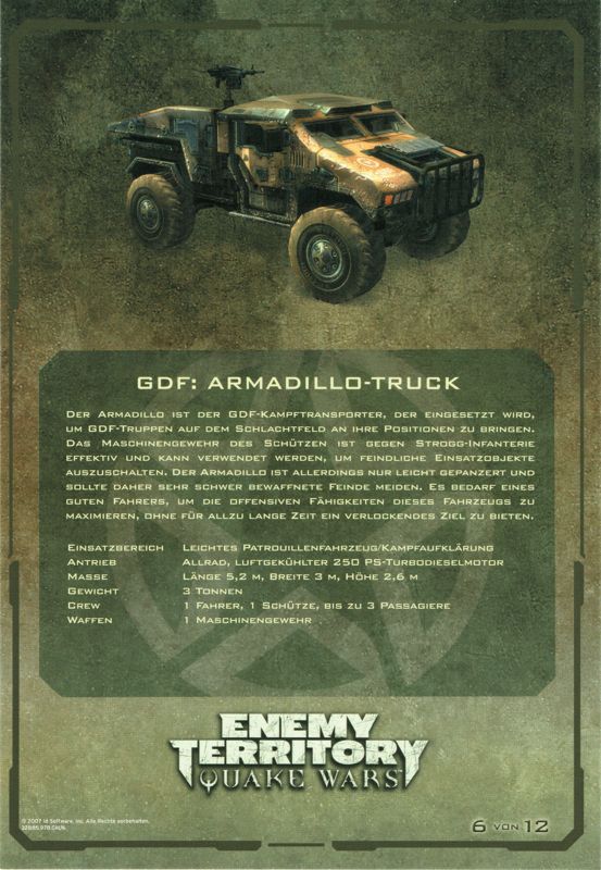 Extras for Enemy Territory: Quake Wars (Limited Collector's Edition) (Windows): Card 6/12: (GDF) Armadillo Jeep - Back