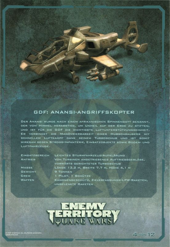 Extras for Enemy Territory: Quake Wars (Limited Collector's Edition) (Windows): Card 4/12: (GDF) Anansi Helicopter - Back
