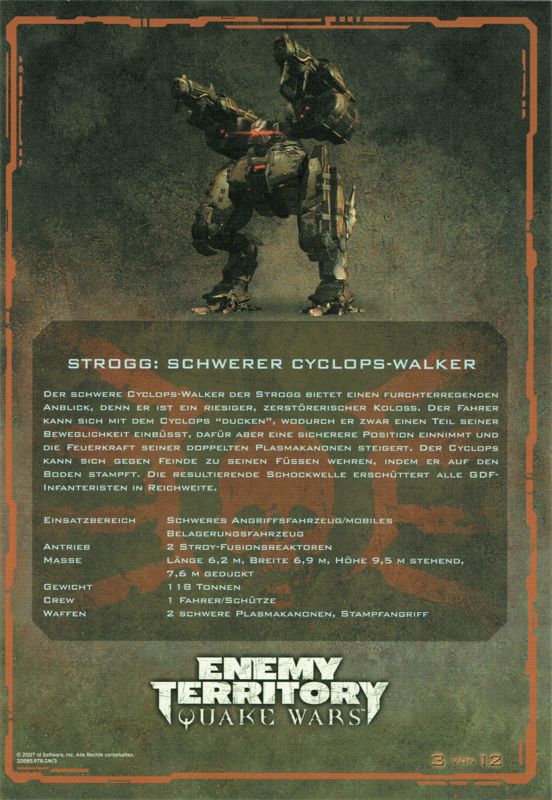 Extras for Enemy Territory: Quake Wars (Limited Collector's Edition) (Windows): Card 3/12: (Strogg) Cyclops Heavy Walker - Back
