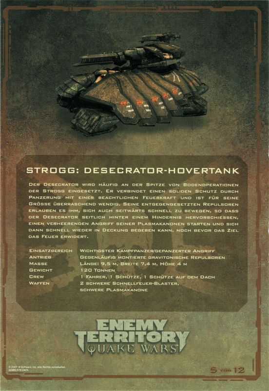 Extras for Enemy Territory: Quake Wars (Limited Collector's Edition) (Windows): Card 5/12: (Strogg) Desecrator Hovertank - Back