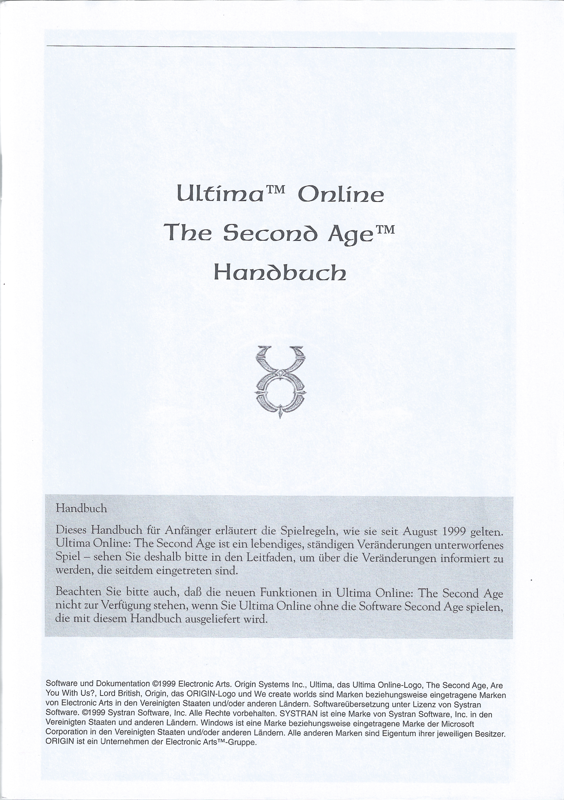 Manual for Ultima: World Edition (Windows): Ultima Online: The Second Age - Rules Manual - Front