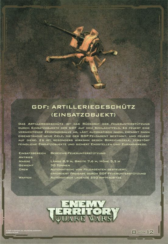 Extras for Enemy Territory: Quake Wars (Limited Collector's Edition) (Windows): Card 8/12: (GDF) Artillery Gun - Back