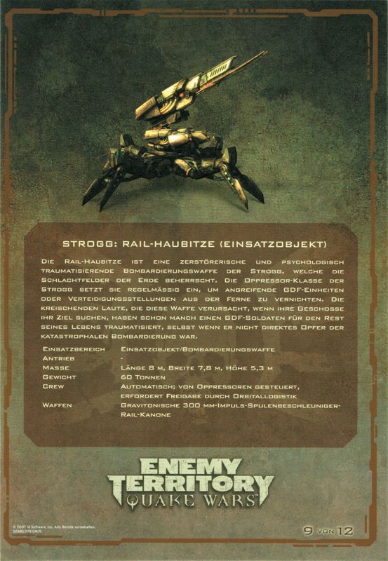 Extras for Enemy Territory: Quake Wars (Limited Collector's Edition) (Windows): Card 9/12: (Strogg) Rail Howitzer - Back