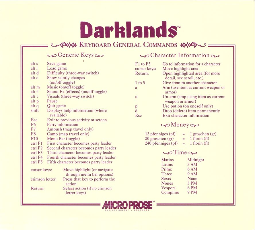 Reference Card for Darklands (DOS) (3.5" disk version): Front
