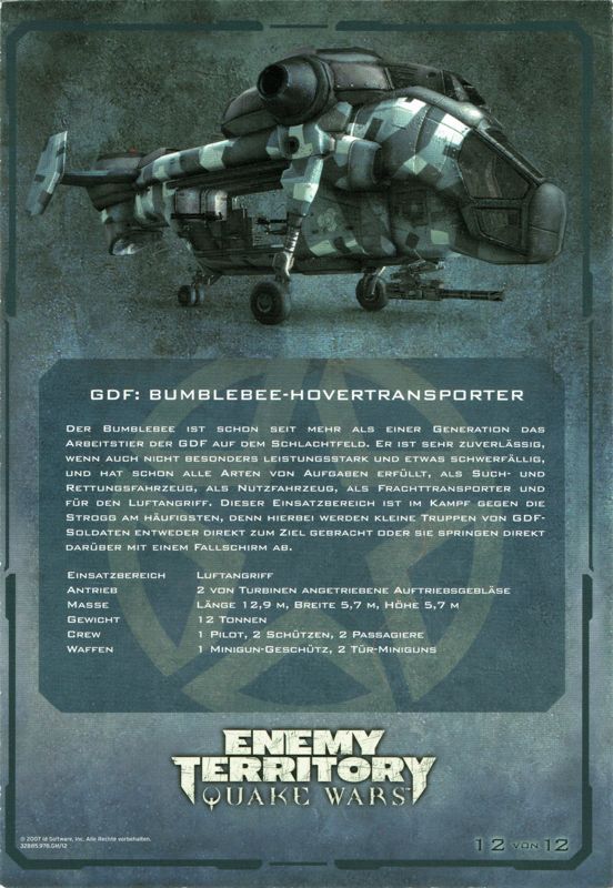 Extras for Enemy Territory: Quake Wars (Limited Collector's Edition) (Windows): Card 12/12: (GDF) Bumblebee Helicopter - Back