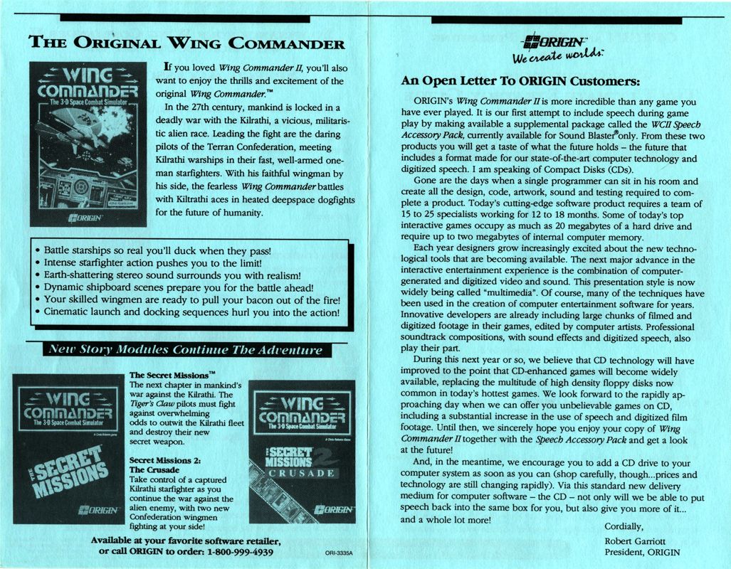 Advertisement for Wing Commander II: Vengeance of the Kilrathi (DOS) (5.25" Disk release): Front