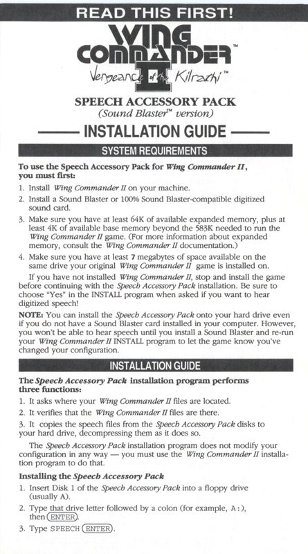 Extras for Wing Commander II: Vengeance of the Kilrathi - Speech Accessory Pack (DOS) (5.25" Floppy Disk version): Install - Front