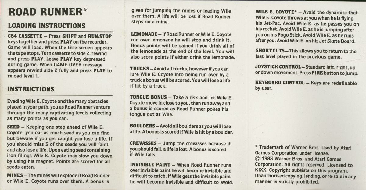 Inside Cover for Road Runner (Commodore 64) (Budget re-release)