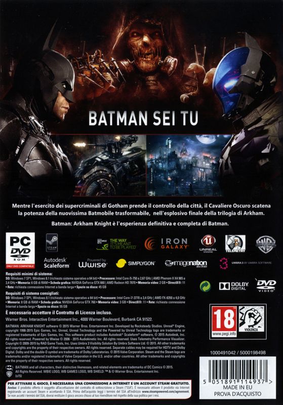 Back Cover for Batman: Arkham Knight (Windows)